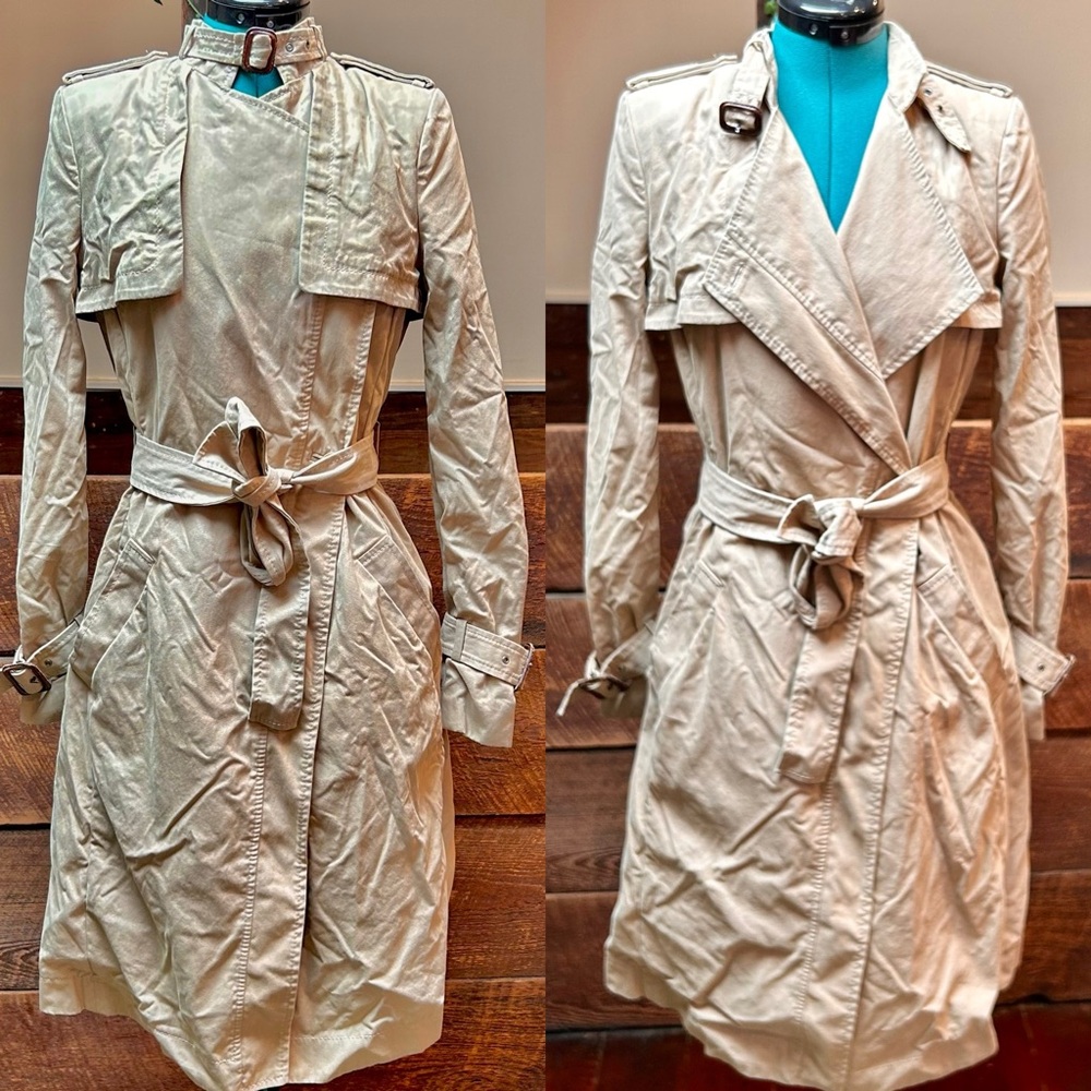 BCBGMaxAzria Double-Breasted Dietrich Trench Coat w Caplet & Buckle Collar Khaki